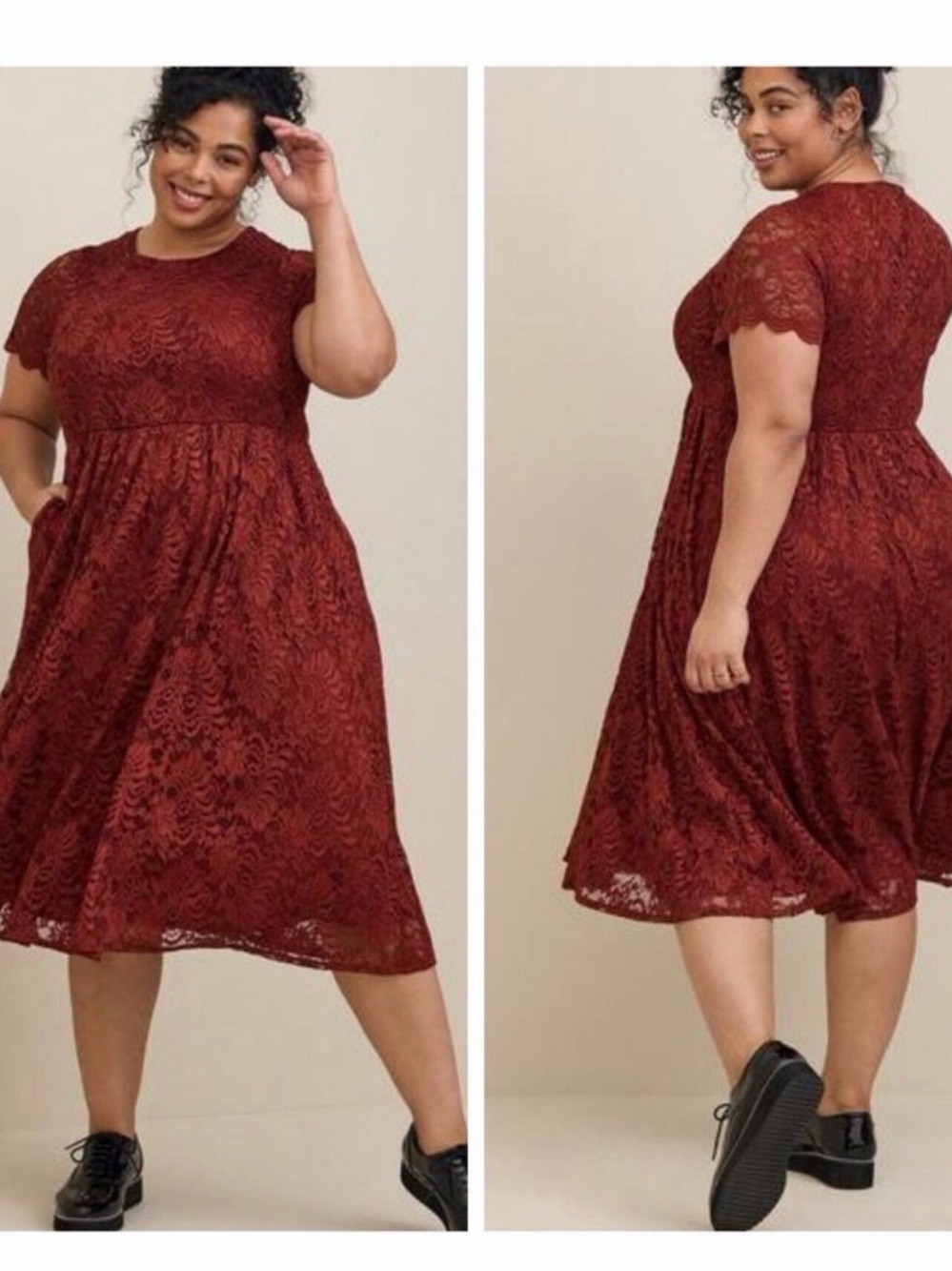 Plus-Size Lace Midi Dress in Burgundy
